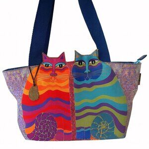Laurel Burch Colorful Cat Tote Quirky Bag Rainbow Felines Dual Handles Zipper